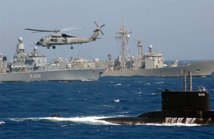 Actionshot of the ships participating in the SNMG2 exercise taking place in the Aegean Sea north Of Crete.